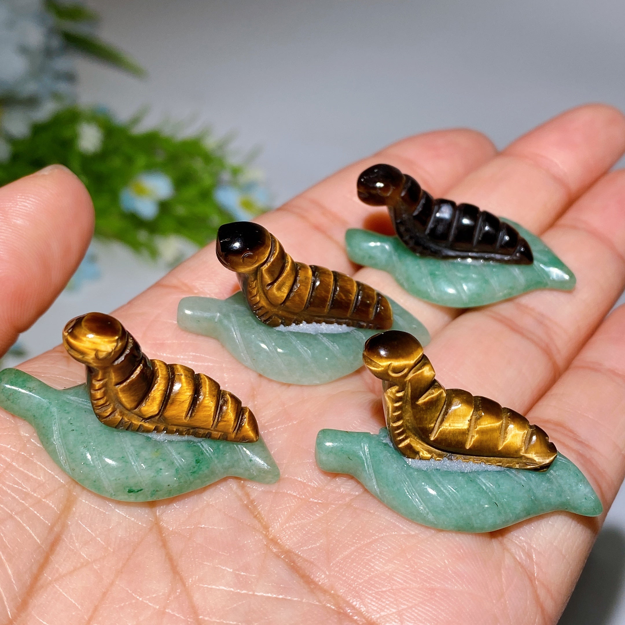1.3 inch Green Aventurine Leaf Crystal Silkworm Figurine