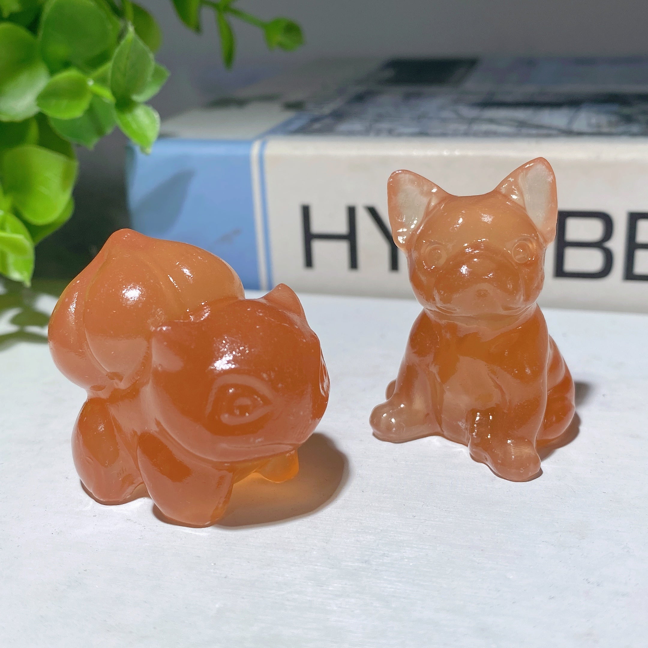 1.5 Inch Honey Calcite Crystal Figurines Bulldog and Bulbasaur