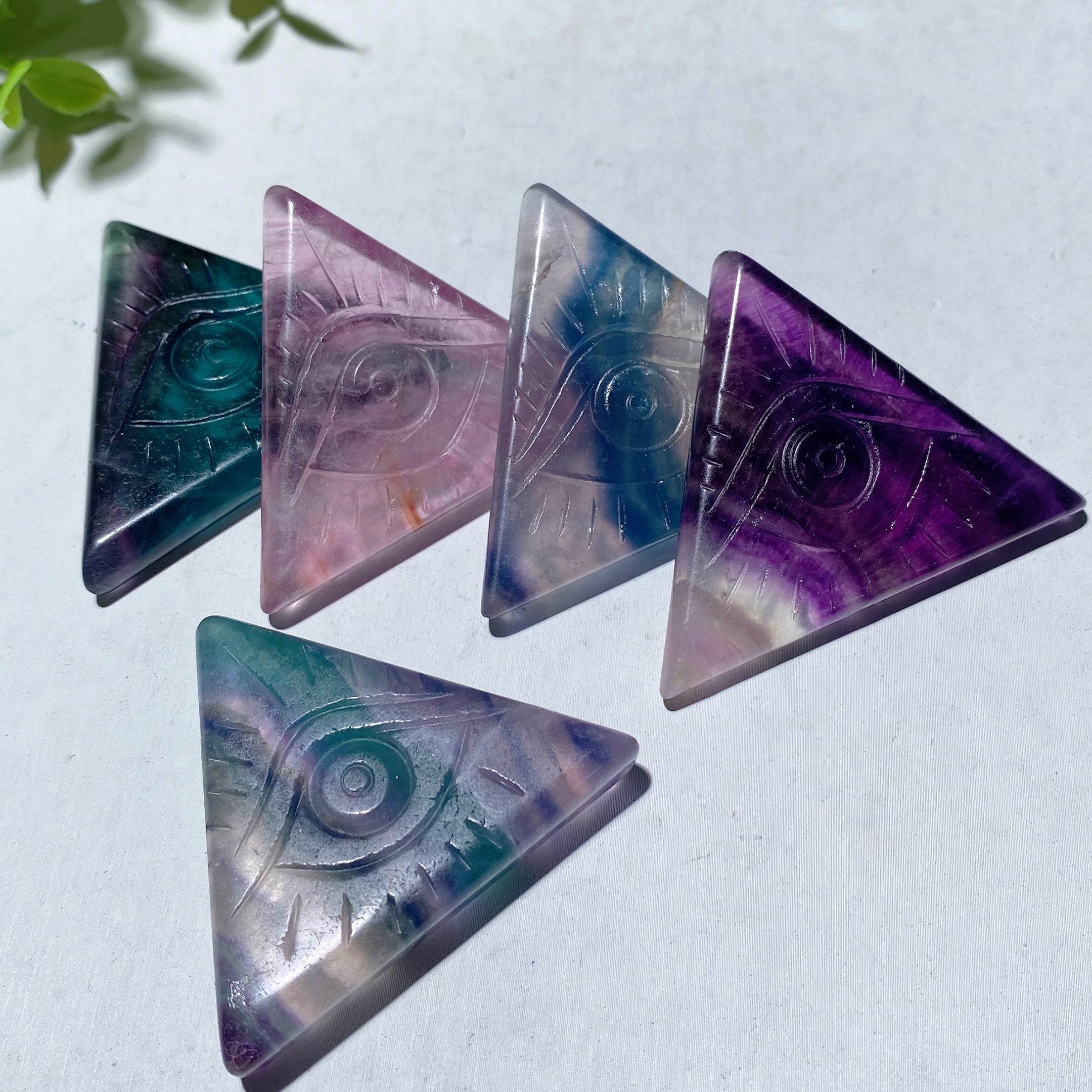 1.6" Fluorite Triangle Slab with Horus Eye Carvings