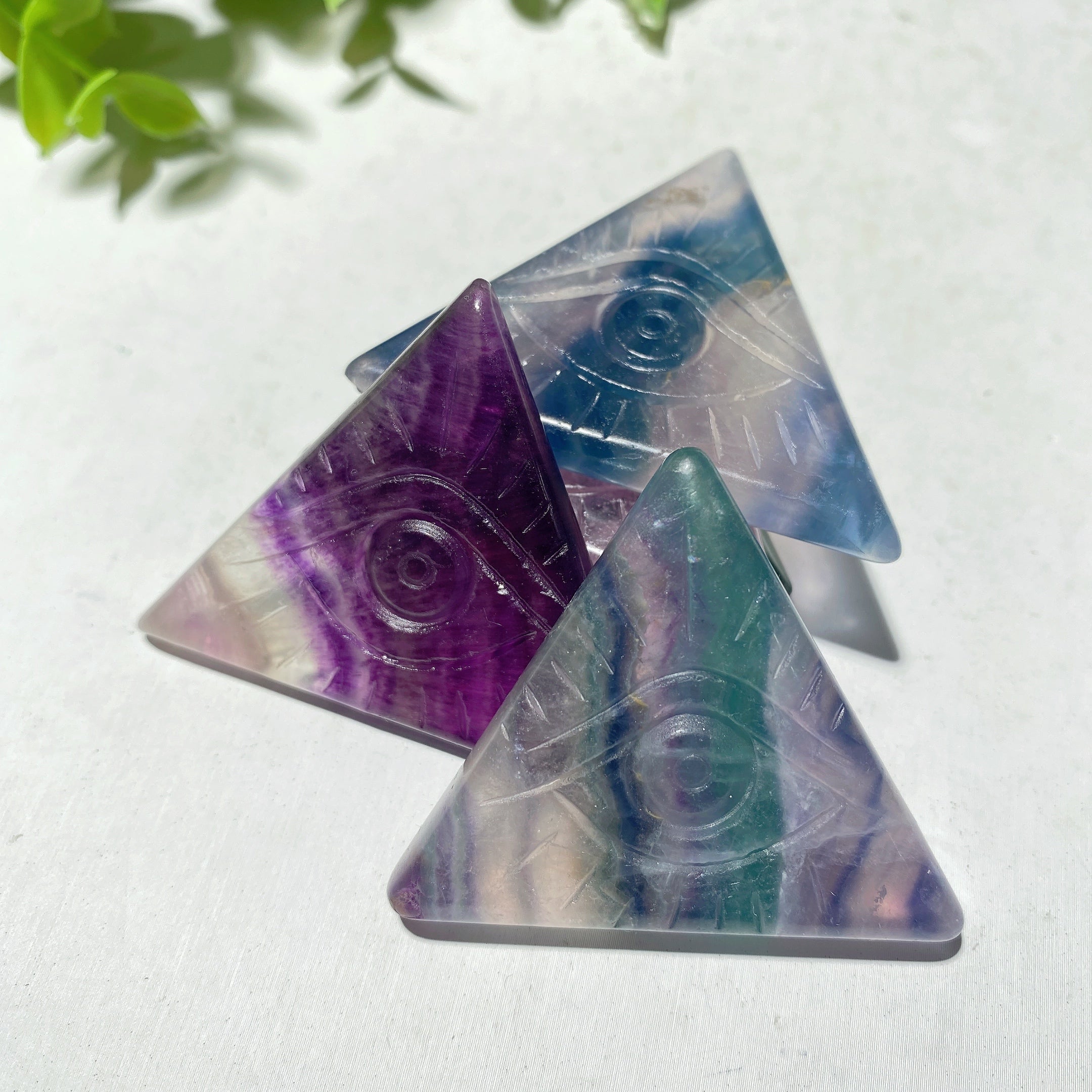 1.6" Fluorite Triangle Slab with Horus Eye Carvings