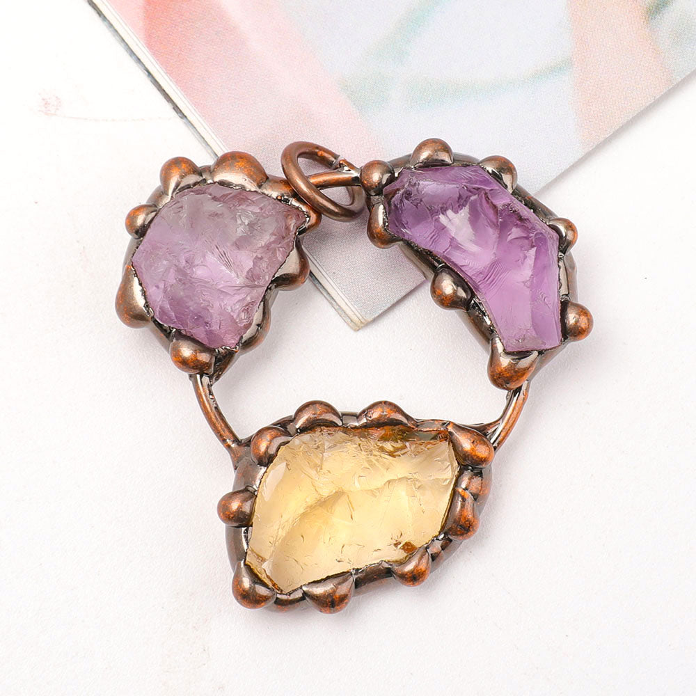 1.6-inch Raw Amethyst Citrine Stone Pendant Copper Frame