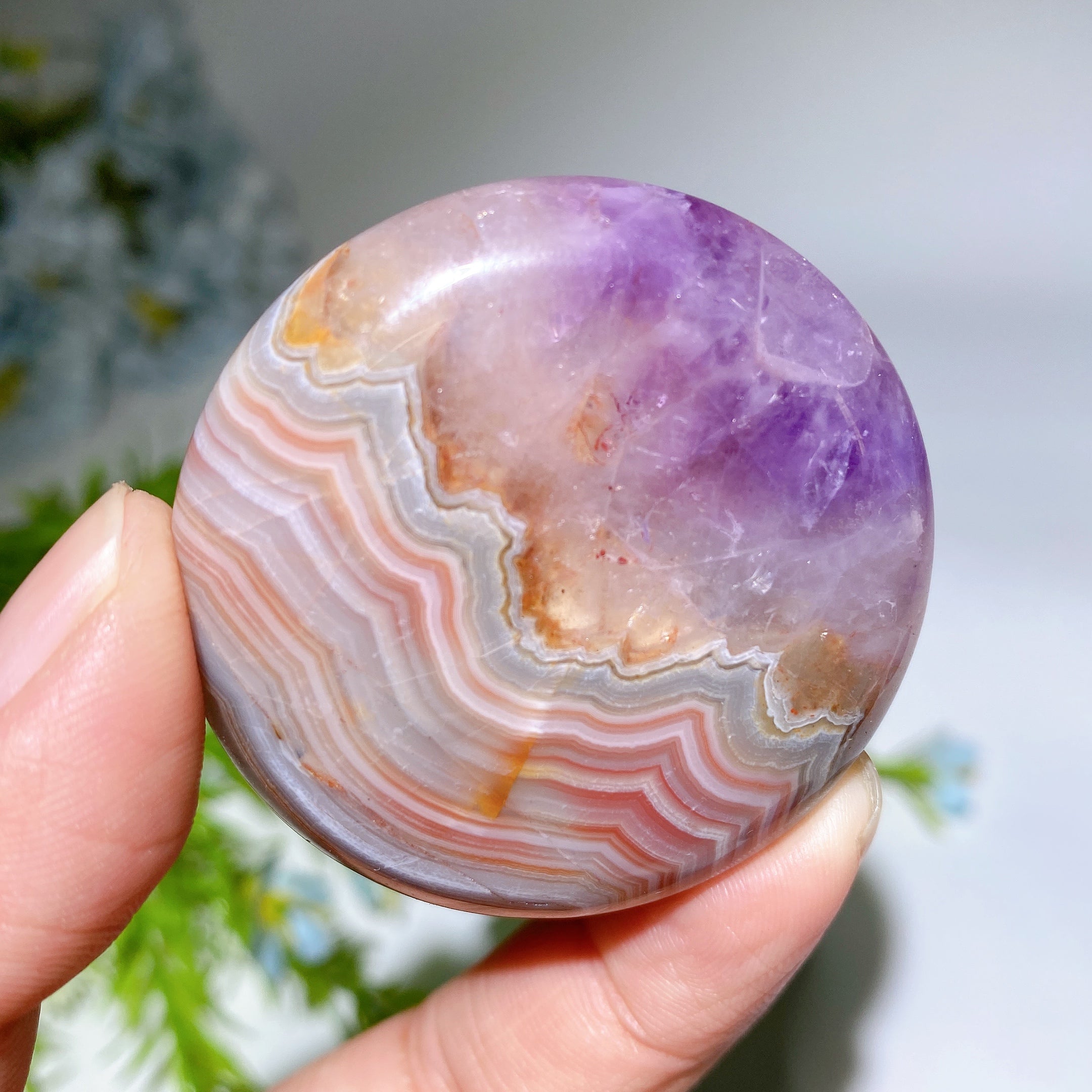 1.7-2.0 Inch Striped Agate and Amethyst Round Crystal Slab