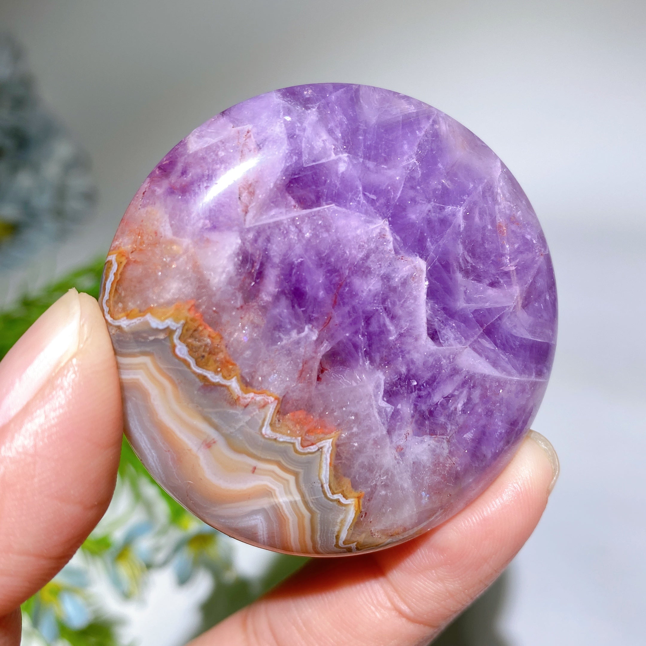 1.7-2.0 Inch Striped Agate and Amethyst Round Crystal Slab