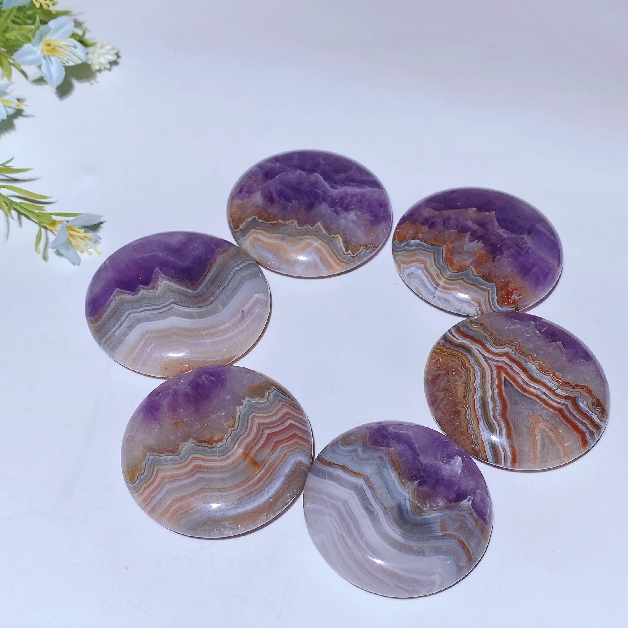 1.7-2.0 Inch Striped Agate and Amethyst Round Crystal Slab