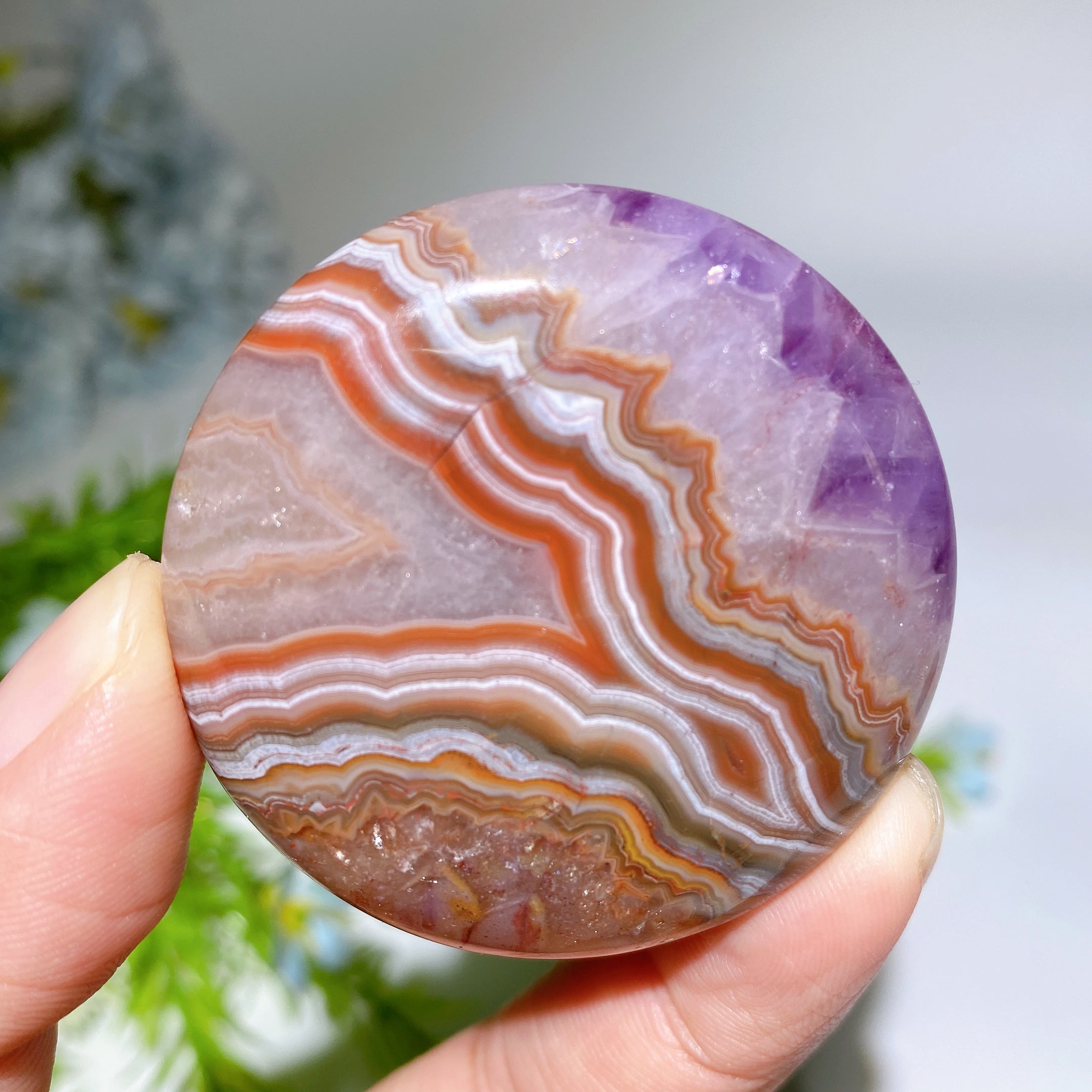 1.7-2.0 Inch Striped Agate and Amethyst Round Crystal Slab