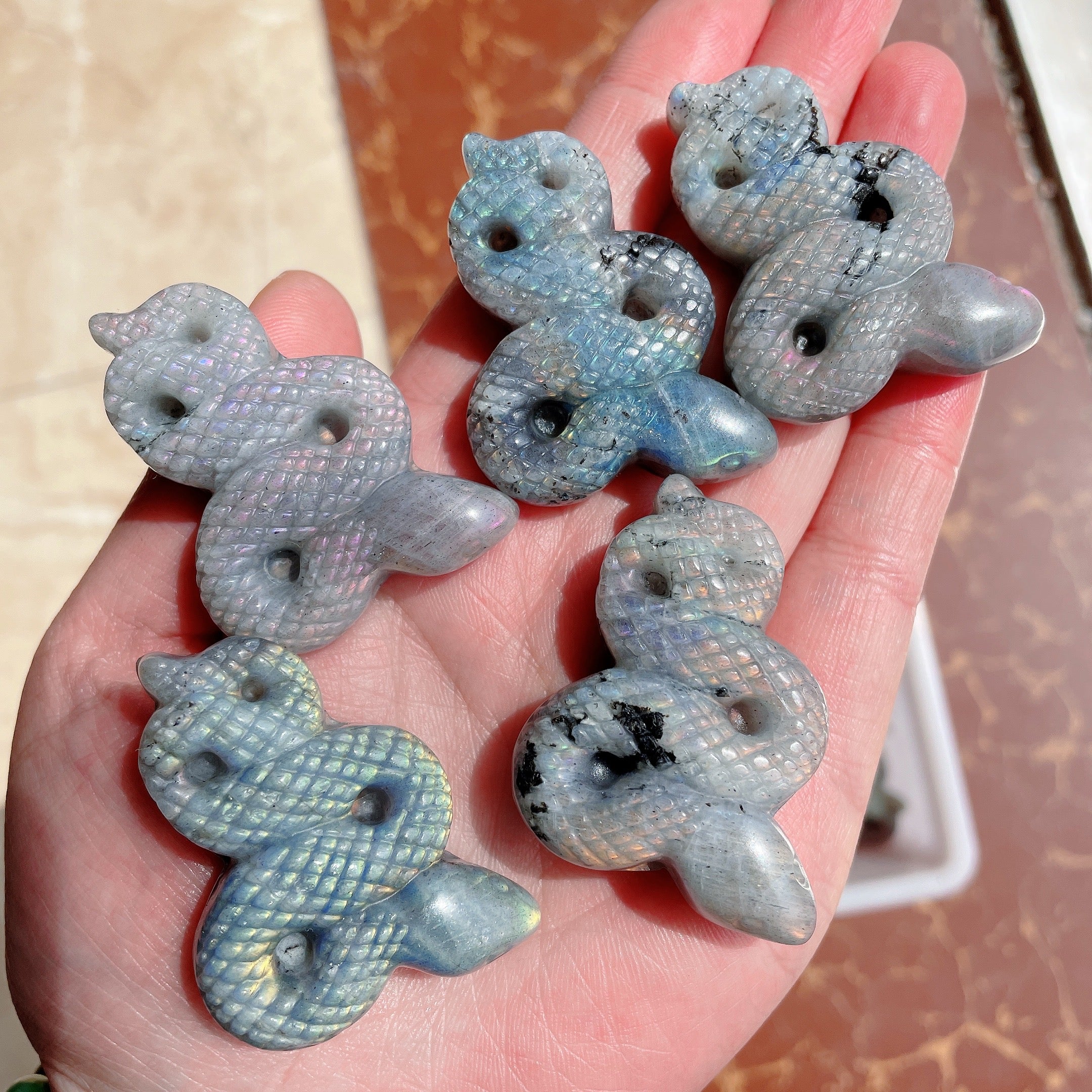 1.7 inch Crystal Snake Carving in Labradorite and Tiger's Eye