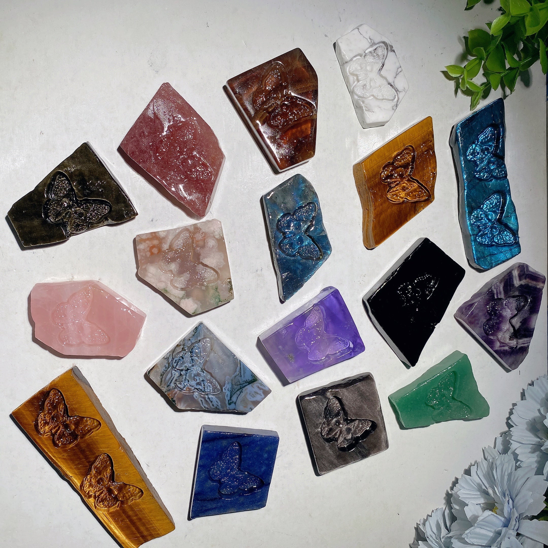 1.8-2.2 inch Mixed Crystal Slabs with Butterfly Skull Carvings