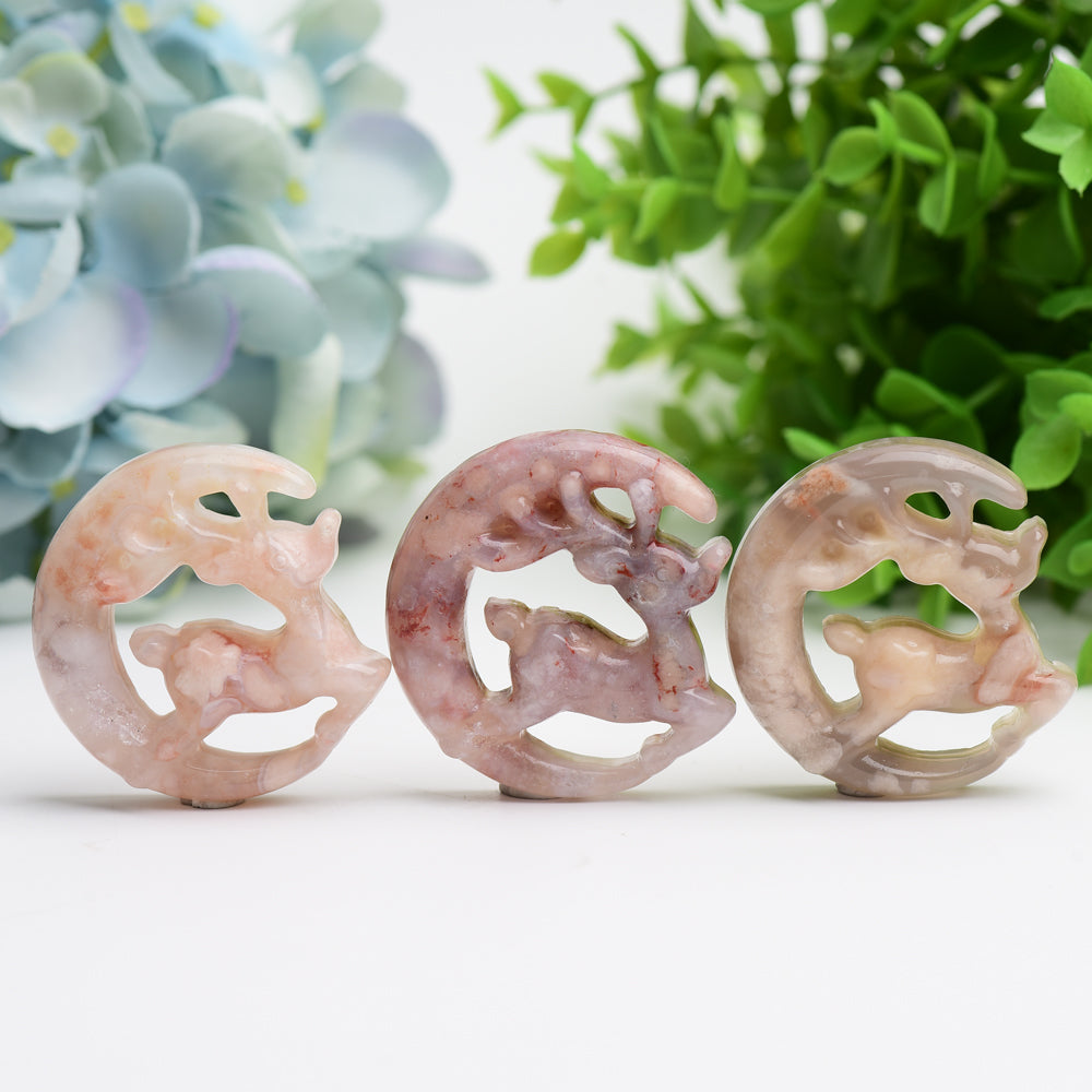 1.95 inch Flower Agate Moon Deer Crystal Carving