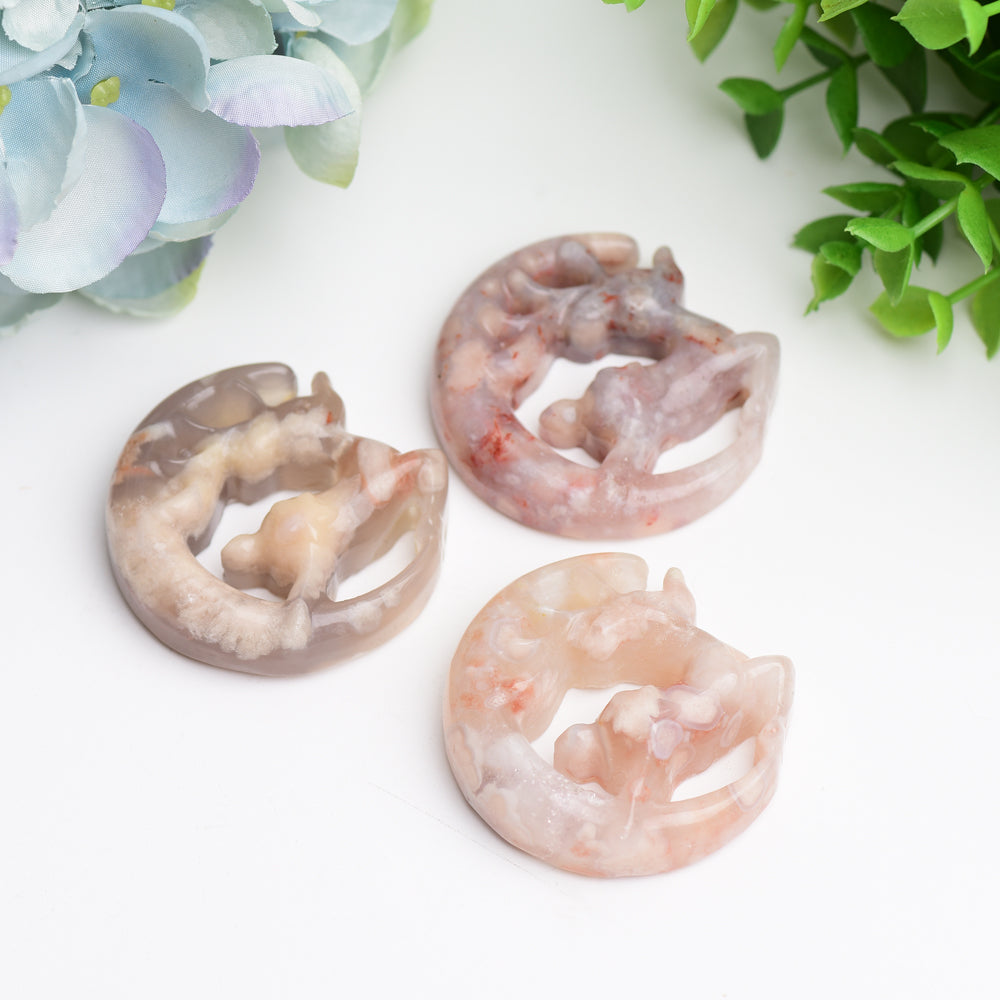 1.95 inch Flower Agate Moon Deer Crystal Carving