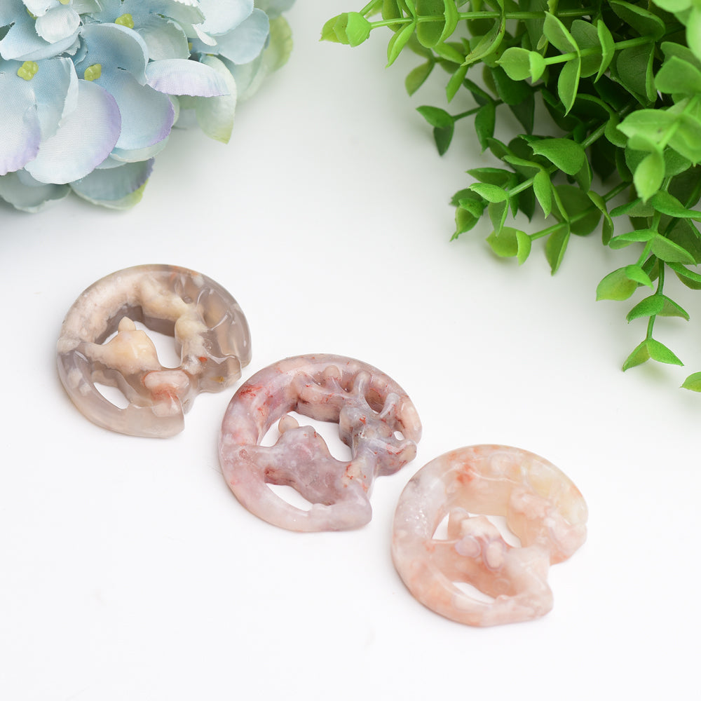 1.95 inch Flower Agate Moon Deer Crystal Carving