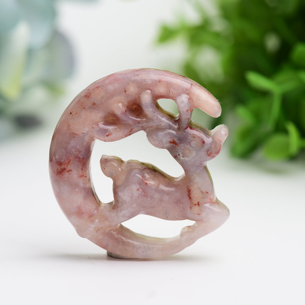 1.95 inch Flower Agate Moon Deer Crystal Carving