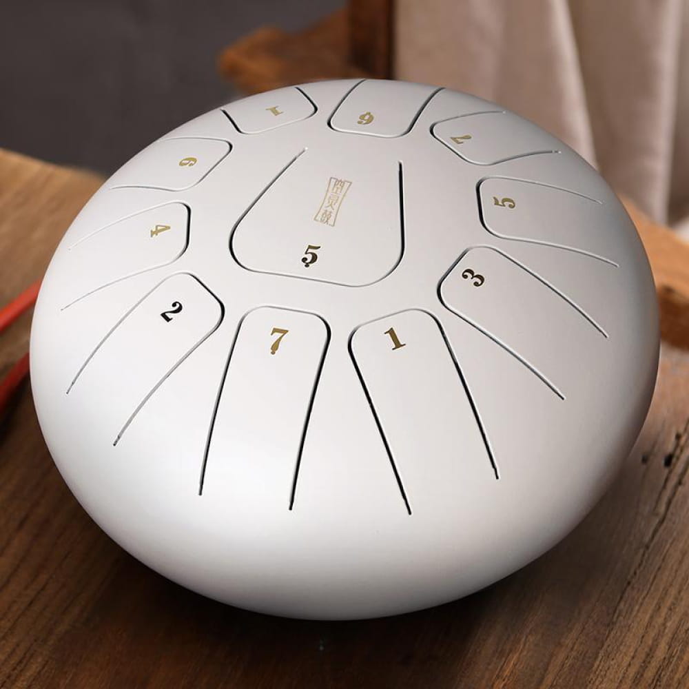 White Carbon Steel Tongue Drum with numbered sections in C Key, 11 notes, 10 inches