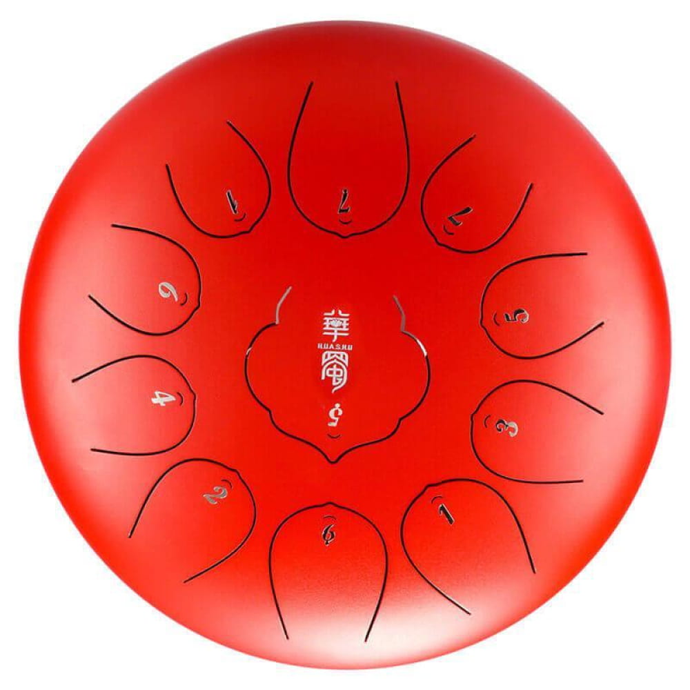 Red Steel Tongue Drum with numbered tone zones in circular pattern, 10-inch size