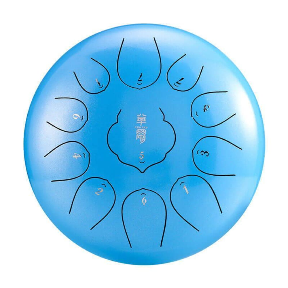 Light blue steel tongue drum with circular tone markings, 10-Inch, 11 Notes in F Key