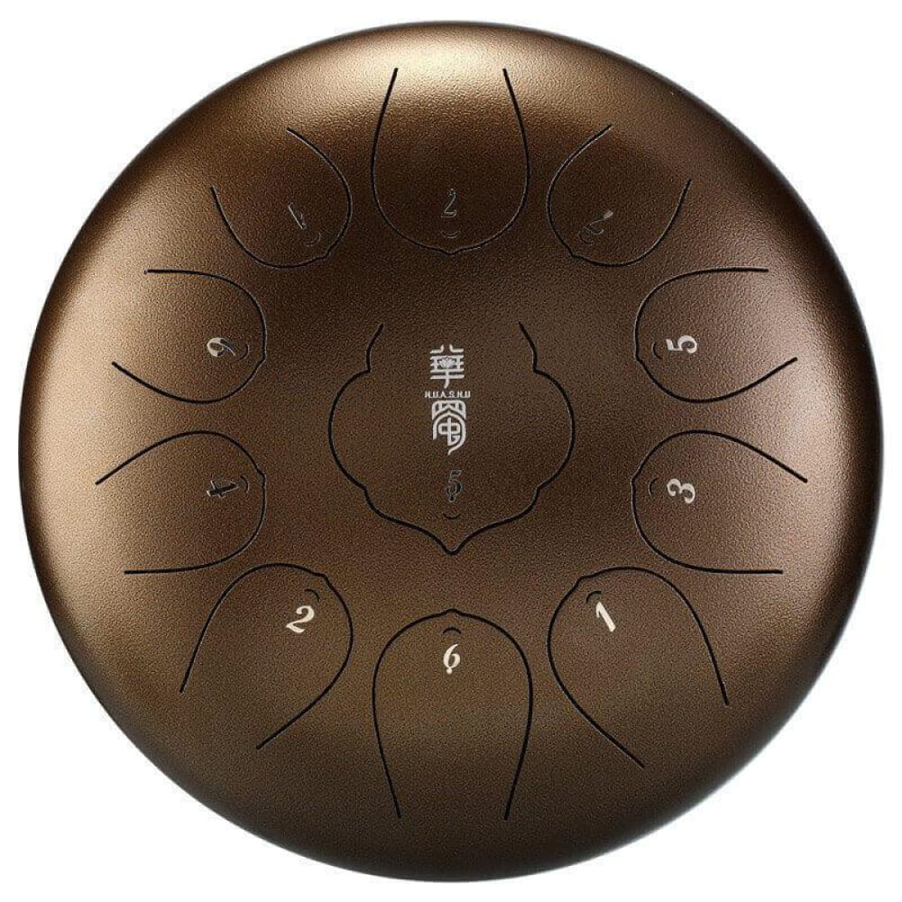 Bronze-colored Carbon Steel Tongue Drum with numbered tone fields in circular pattern