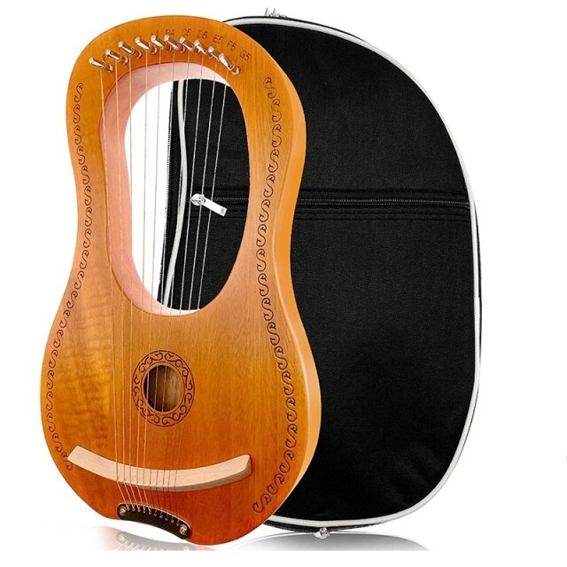Wooden 10 String Lyre Harp in Mahogany with strings and decorative border pattern