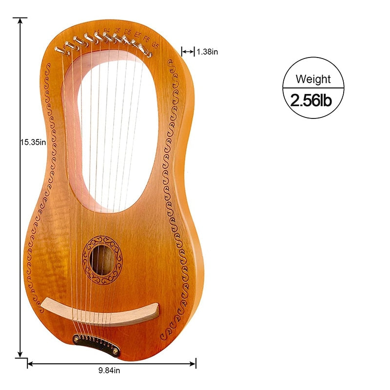 Wooden 10 String Lyre Harp in Mahogany with decorative border and tuning tools