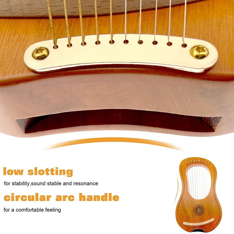 Wooden 10 String Lyre Harp in Mahogany with unique handle and tuning tool included