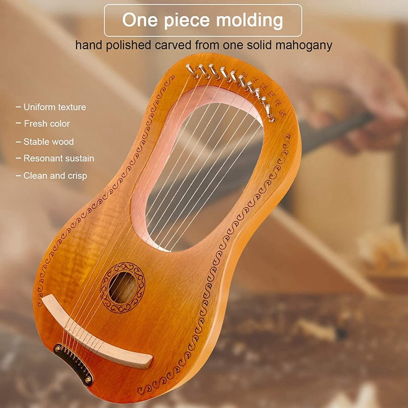 Wooden 10 String Lyre Harp with carved mahogany body and decorative border design