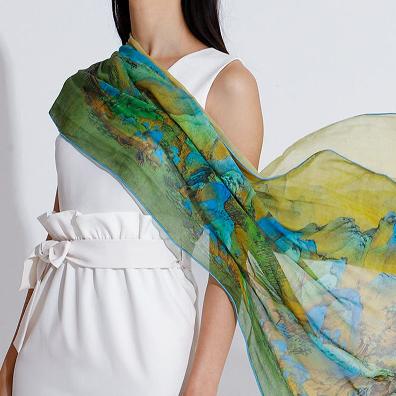 100% Mulberry Silk Tibetan Scarf Panorama of Rivers and Mountains