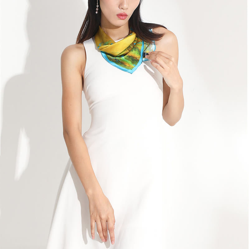 100% Mulberry Silk Tibetan Scarf Panorama of Rivers and Mountains