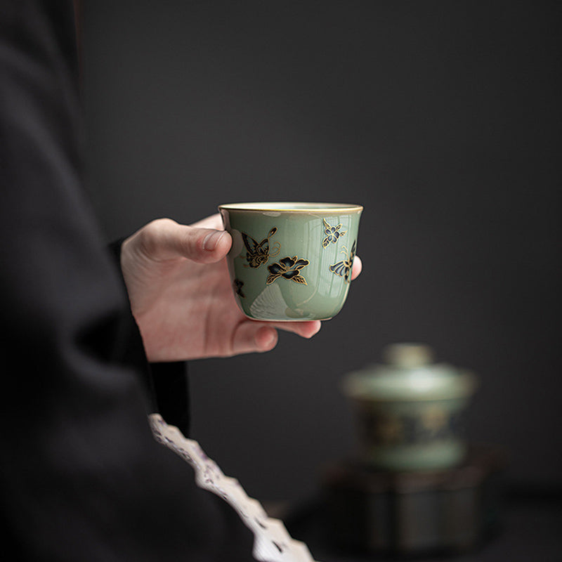 100ml Ceramic Teacup with Butterfly & Lotus Design