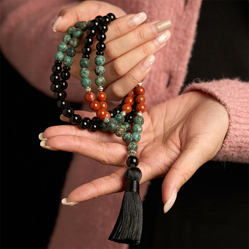 108 Bead Black Onyx Red Jasper Turquoise Gemstone Mala Bracelet