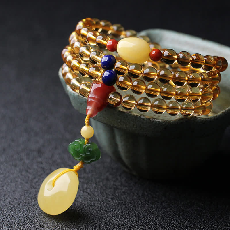 108 Bead Citrine and Amber Gemstone Mala Bracelet for Peace