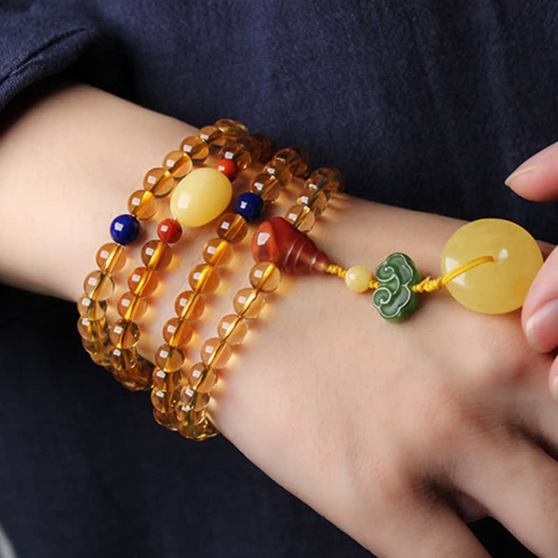 108 Bead Citrine and Amber Gemstone Mala Bracelet for Peace