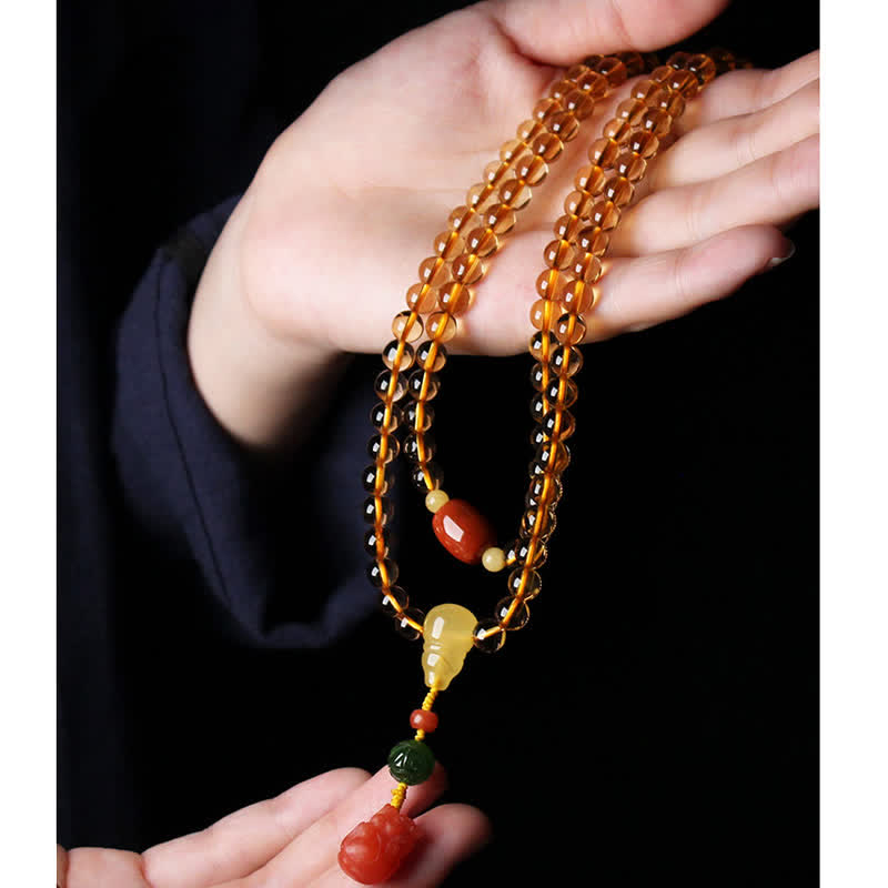 108 Bead Citrine and Amber Gemstone Mala Bracelet for Peace