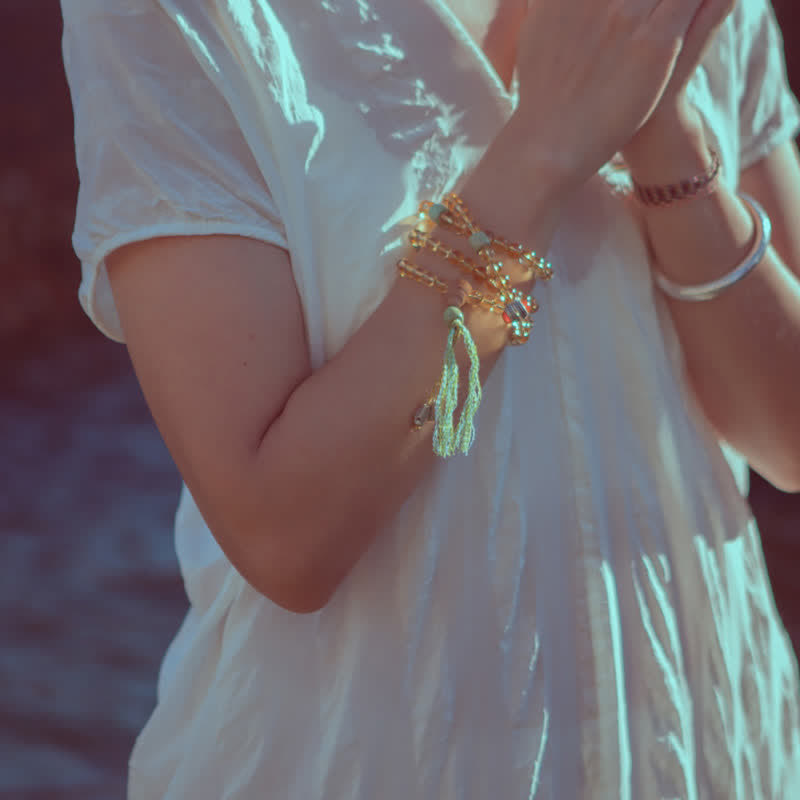 108 Bead Citrine Gemstone Mala Bracelet for Prosperity & Protection