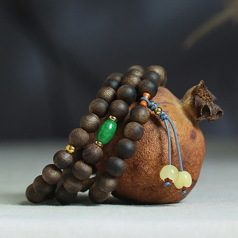 108 Bead Mala Meditation Bracelet with Agarwood Cyan Jade Amber