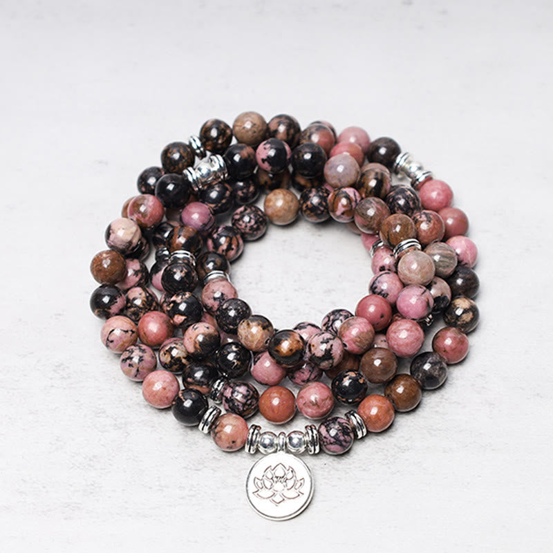 108 Bead Rhodonite Lotus Compassion Mala Bracelet