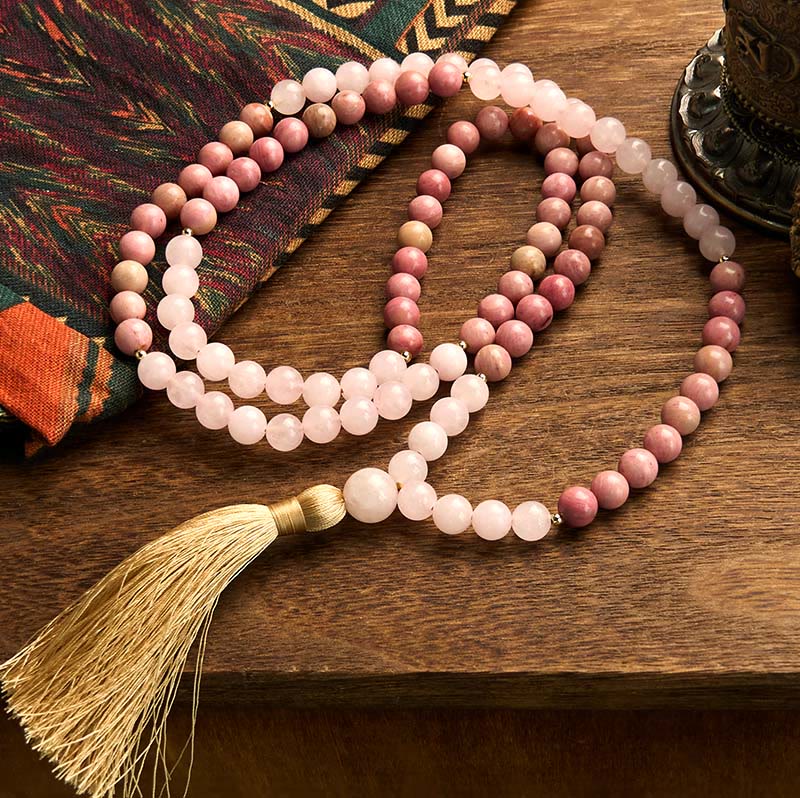 108 Bead Rhodonite Rose Quartz Mala Bracelet for Healing Harmony