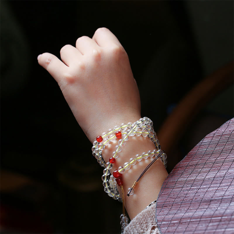 108 Bead White Red Agate Quadruple Wrap Protection Bracelet
