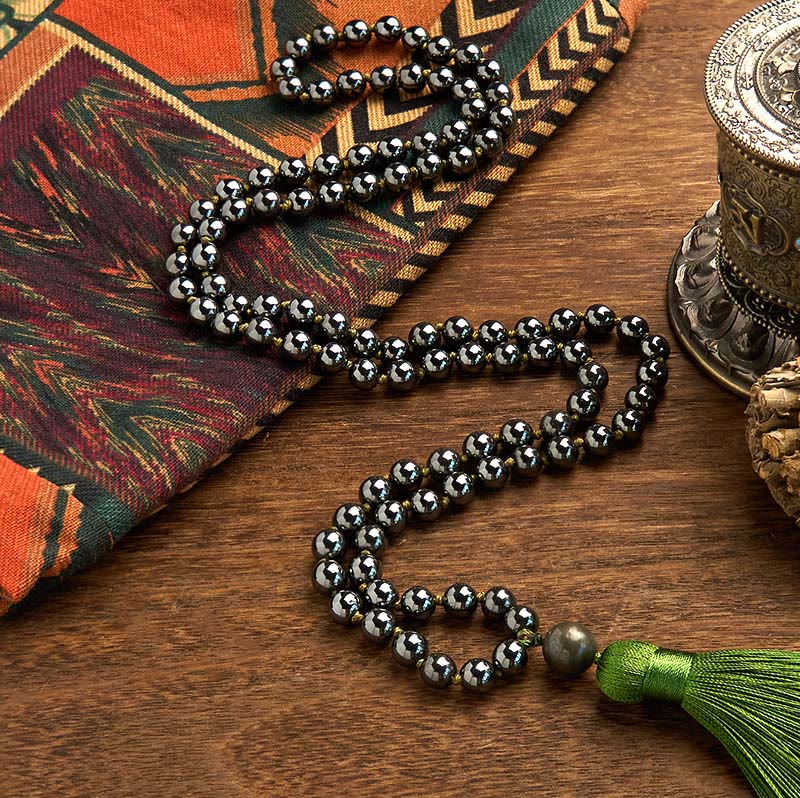 108 Beads Hematite Grounding Bracelet with Green Tassel