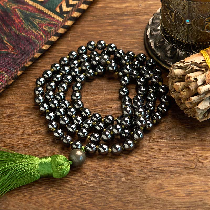 108 Beads Hematite Grounding Bracelet with Green Tassel