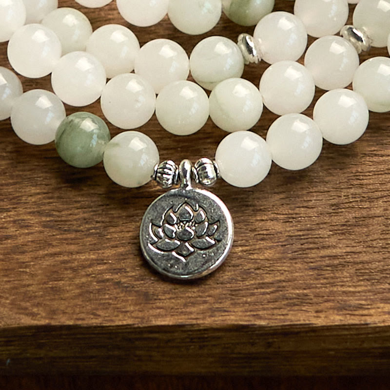 108 Beads Tianshan Jade Lotus Luck Bracelet 8mm