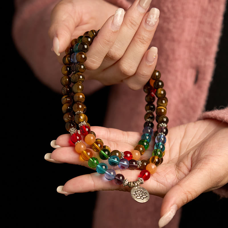 108 Beads Tiger Eye Colored Lotus Protection Bracelet