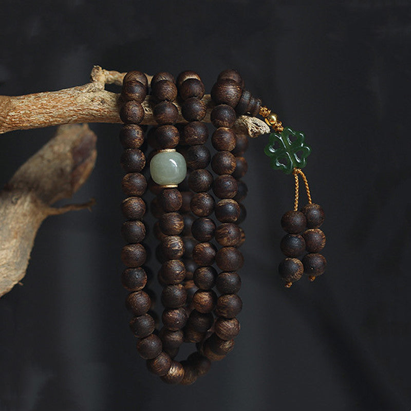 108 Beads Wood Mala Bracelet Agarwood Jade 999 Gold Peace