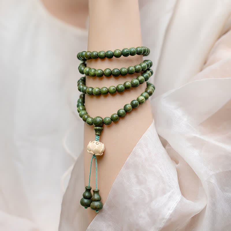 108 Wood Mala Beads Bracelet Green Sandalwood Lotus Beads