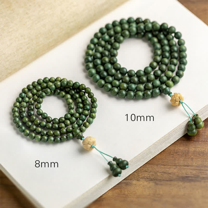 108 Wood Mala Beads Bracelet Green Sandalwood Lotus Beads