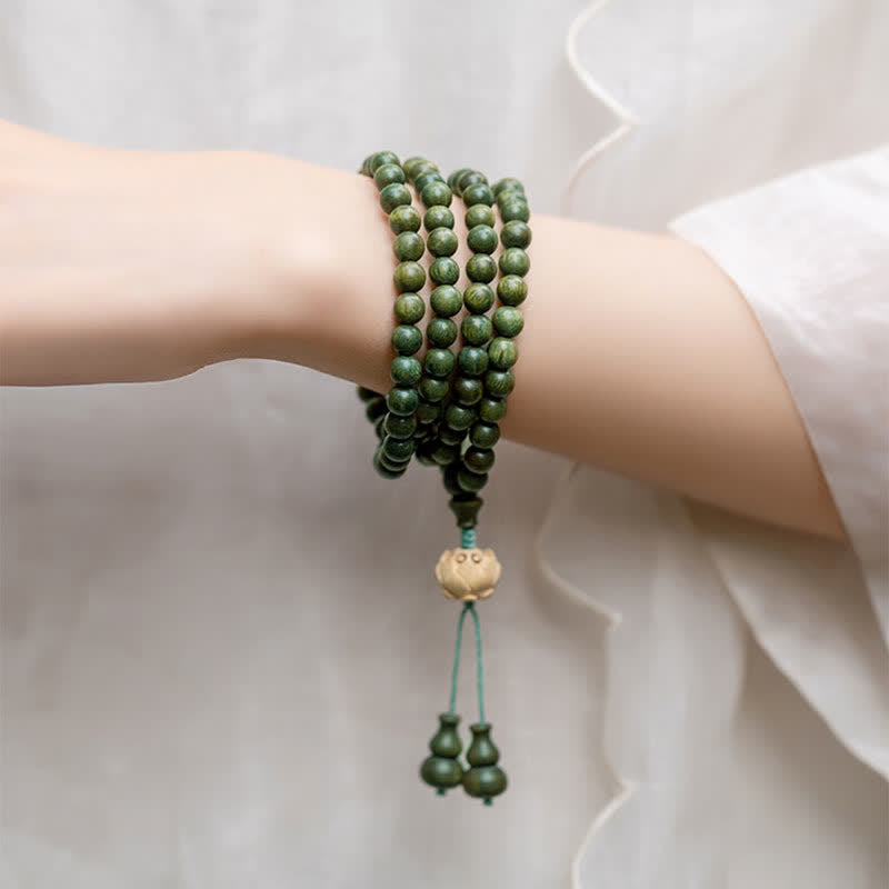 108 Wood Mala Beads Bracelet Green Sandalwood Lotus Beads