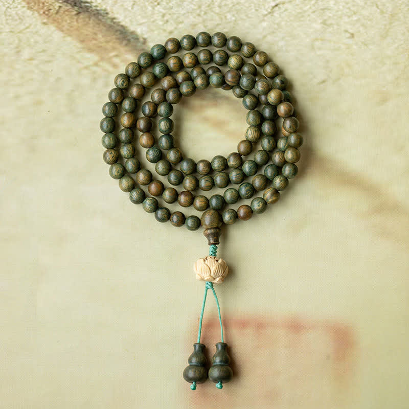 108 Wood Mala Beads Bracelet Green Sandalwood Lotus Beads