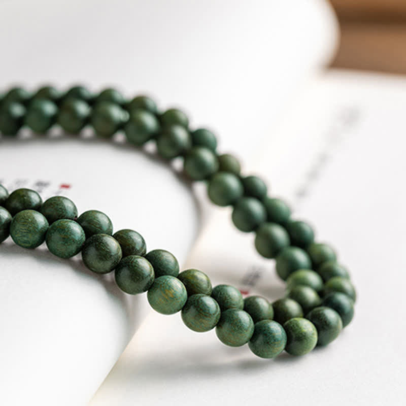 108 Wood Mala Beads Bracelet Green Sandalwood Lotus Beads