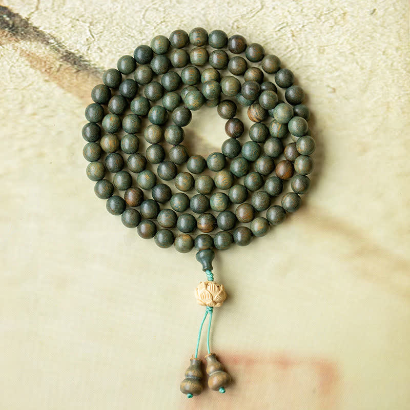108 Wood Mala Beads Bracelet Green Sandalwood Lotus Beads