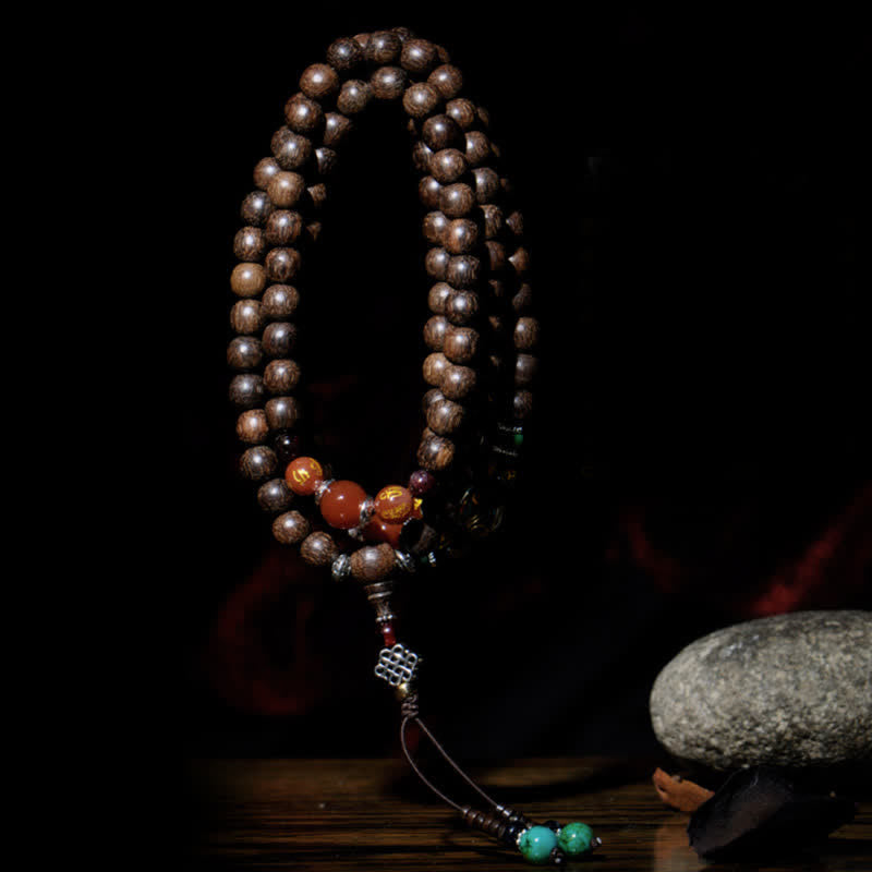 108 Wood Mala Bracelet with Agarwood & Red Agate for Peace & Strength