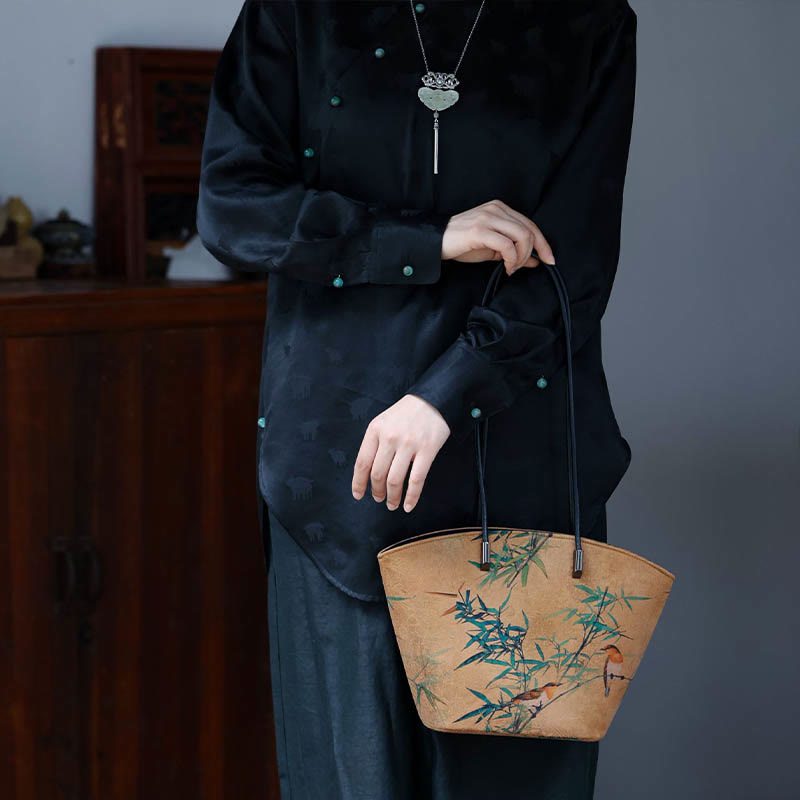 Vintage Bamboo Magpie Large Capacity Shoulder Bag with Peony Butterfly