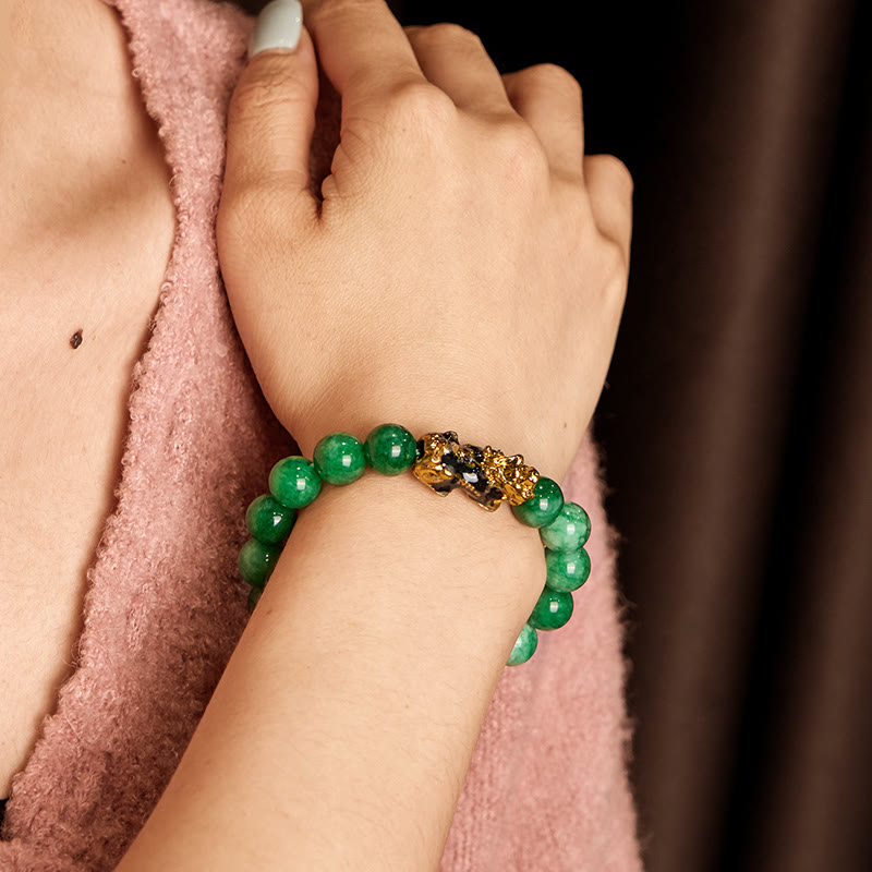 10mm Cyan Jade Pixiu Protection Bracelet for Wealth & Luck