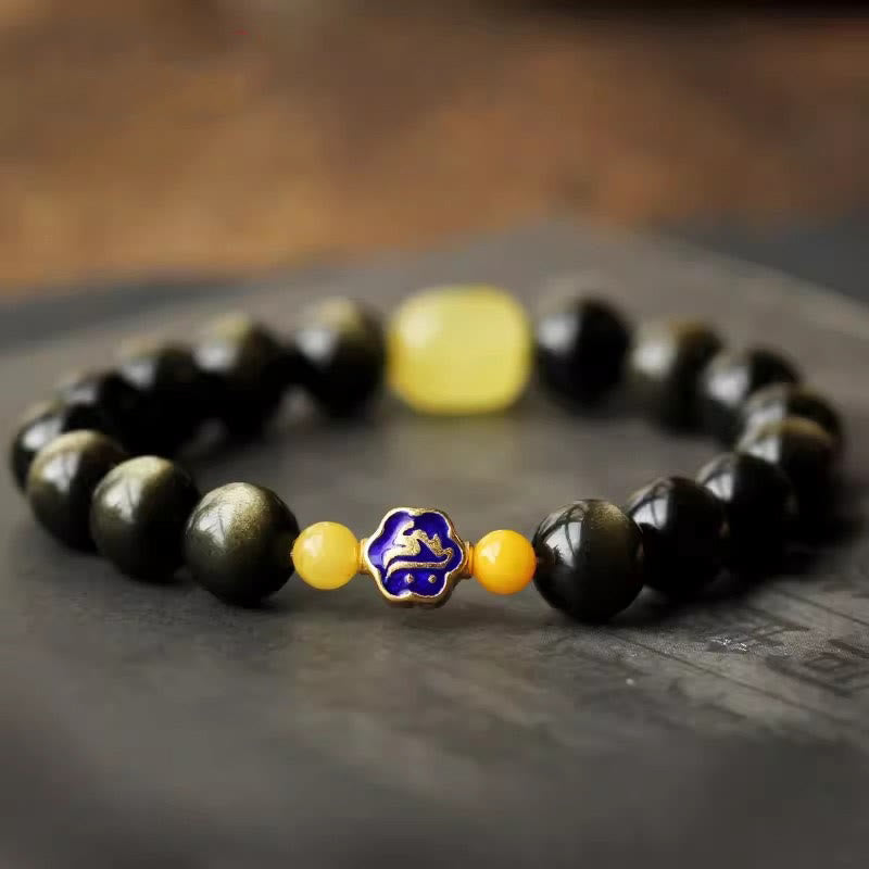 10mm Gold Sheen Obsidian Chinese Zodiac Protection Bracelet